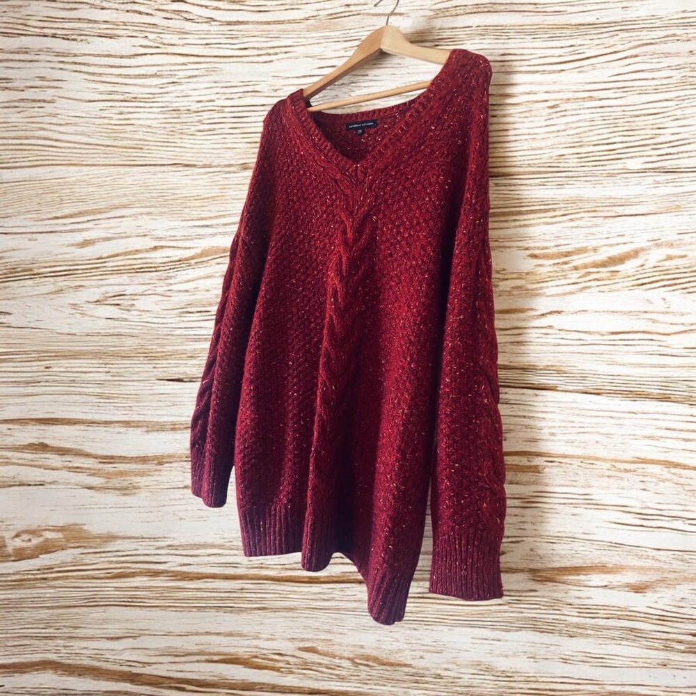 Women's Red V-Neck Sweater - Picture 2 of 5